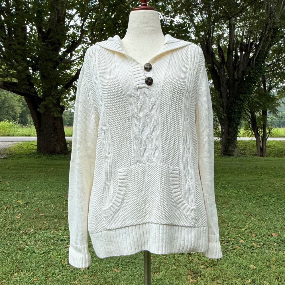 Christopher & Banks White Cable Knit Hooded Sweater XL Henley 100% Cotton Cozy